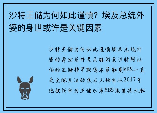 沙特王储为何如此谨慎？埃及总统外婆的身世或许是关键因素