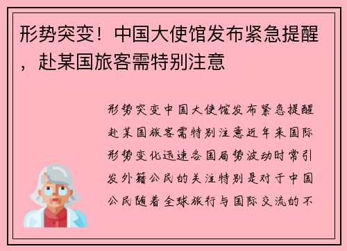 形势突变！中国大使馆发布紧急提醒，赴某国旅客需特别注意